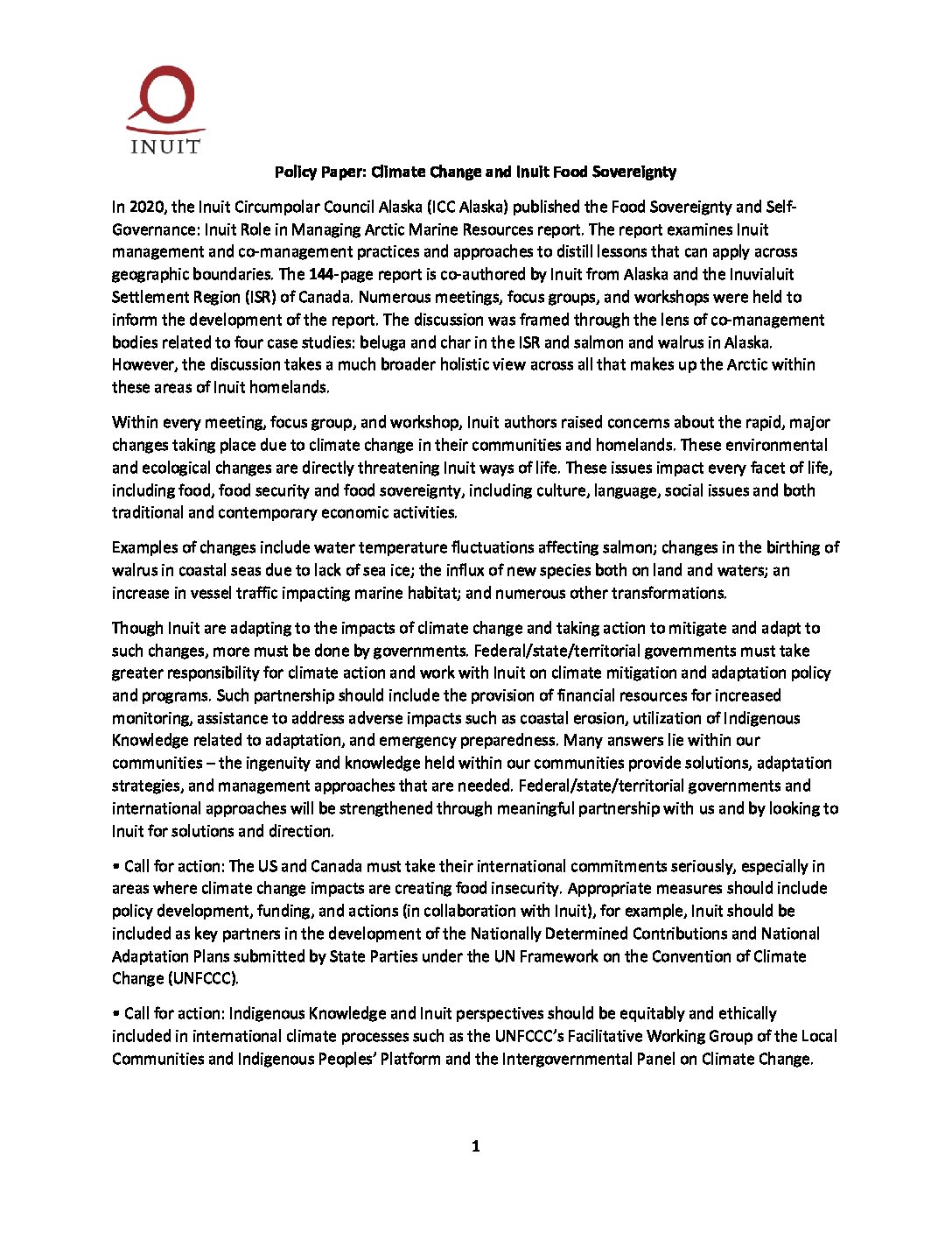 Policy Paper: Climate Change and Inuit Food Sovereignty