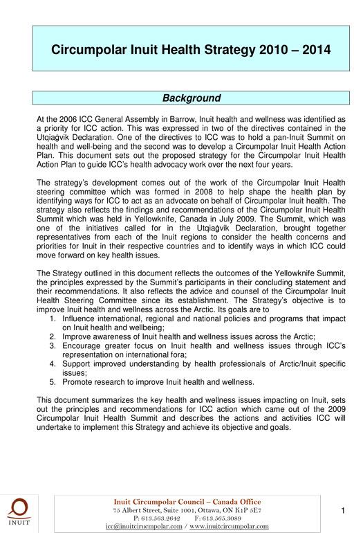Circumpolar Inuit Health Strategy 2010-2014