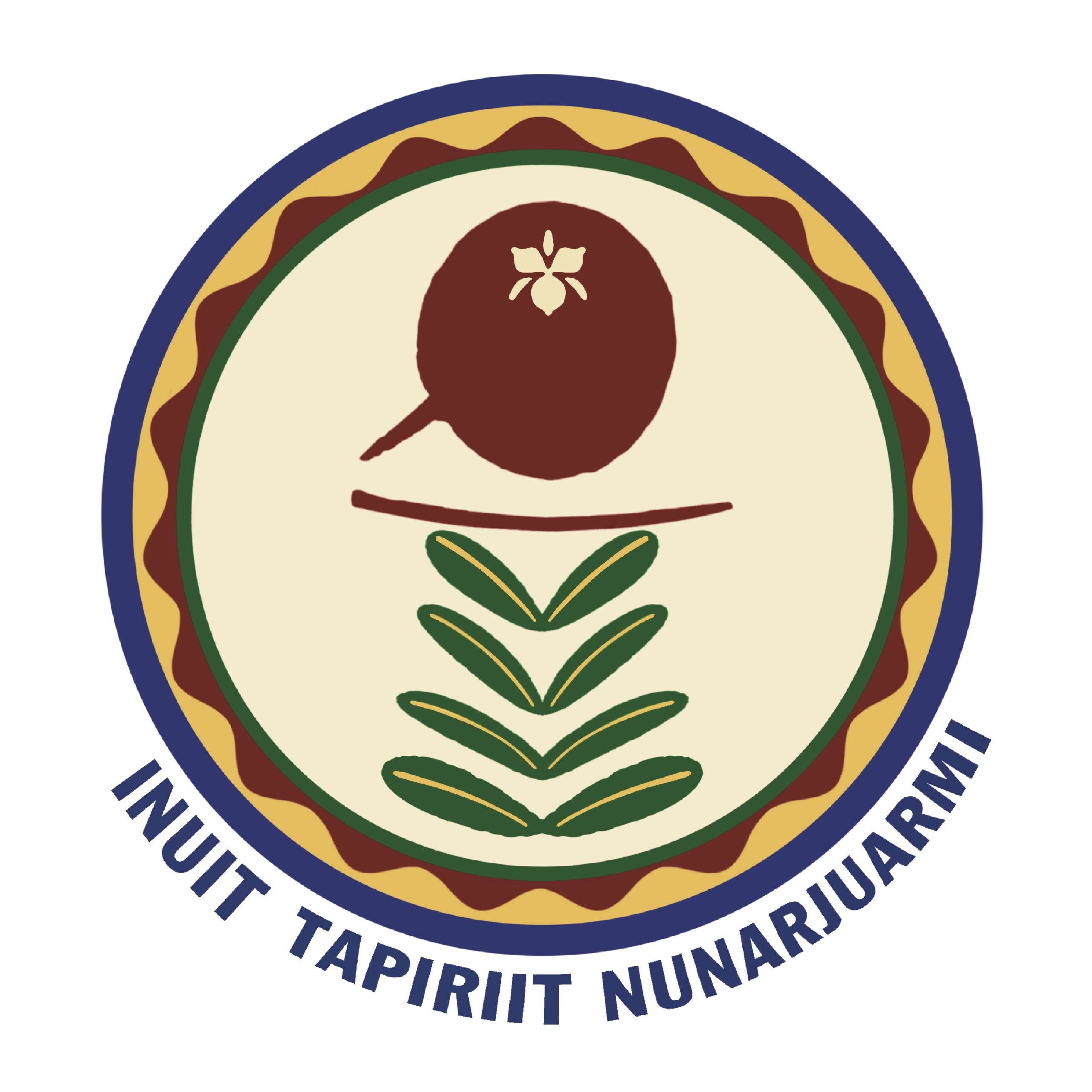 Circular seal with a green leaf pattern inside a beige center and multi-layered blue, yellow, and brown borders