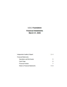 Cover page: I.C.C. Foundation Financial Statements, March 31, 2026, with a contents list of sections