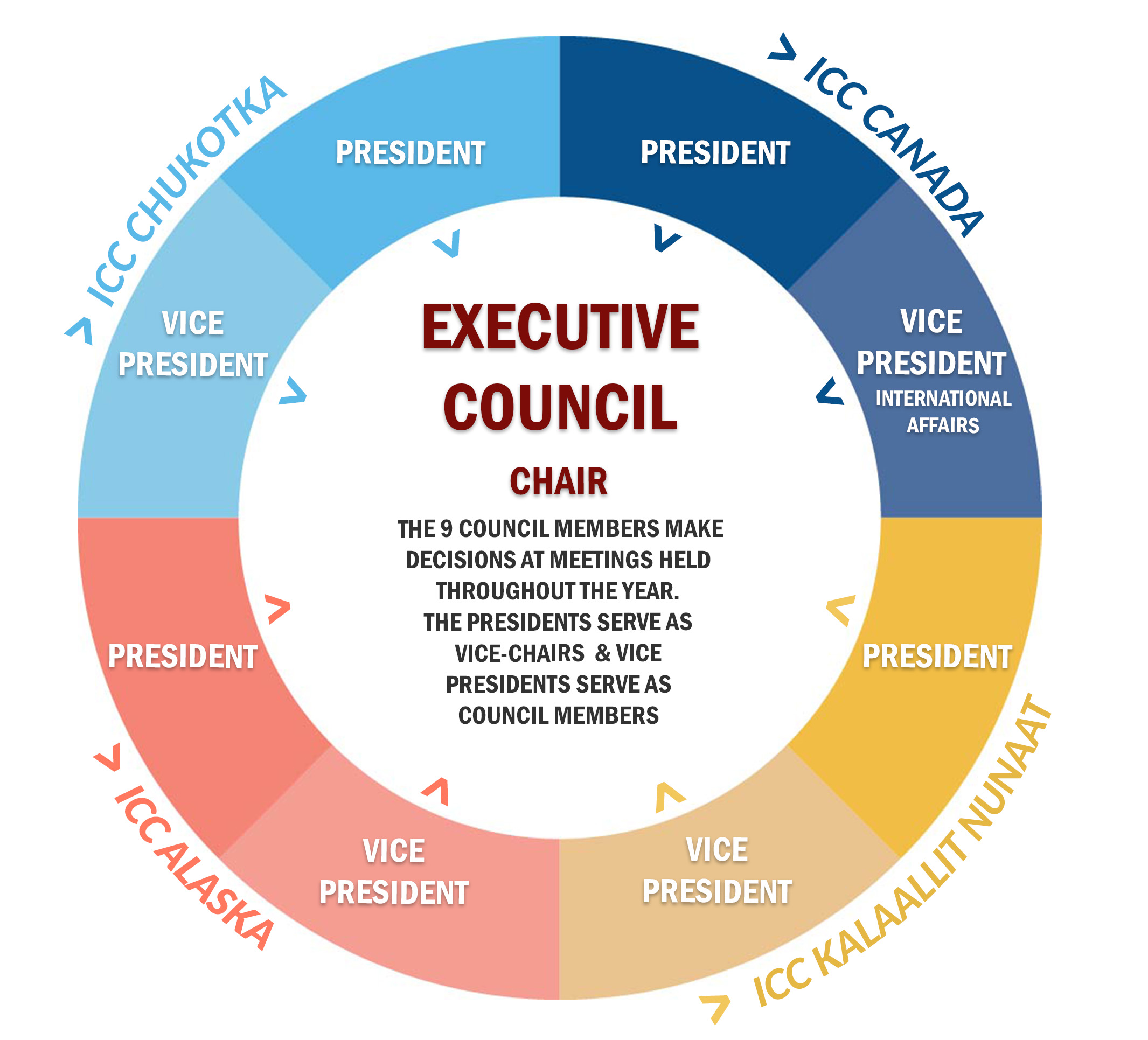 Circular infographic showing Executive Council with labeled President and Vice President sectors around the wheel.