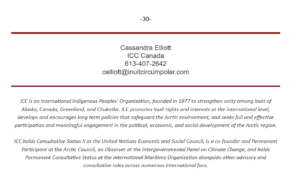 Footer page: red horizontal rules above and below, centered contact details for Cassandra Elliott (ICC Canada) with phone 613-407-2642 and email celliott@inuitcircumpolar.com, followed by two italic paragraphs about ICC.